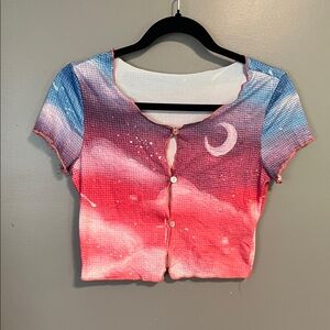 SHEIN Pink and Blue Celestial Button Down Top